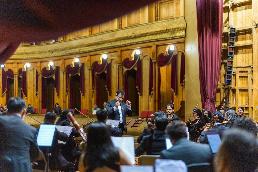 Director observando a la orquesta desde el escenario